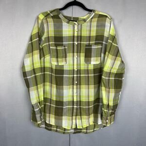 Women's Lane Bryant Brown White Plaid Button Up Top Mandarin Collar Top 14/16